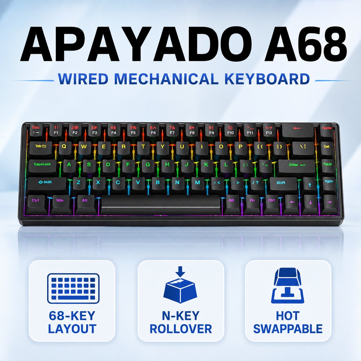 Gaming Keyboard Blue Switches - APAYADO A68 Keyboard Mekanis Berkabel, Dapat